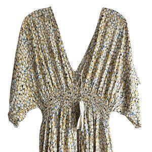 LOVESTITCH Short Sleeve Smocked Waist Yellow Geometric Maxi Dress Size US M/L